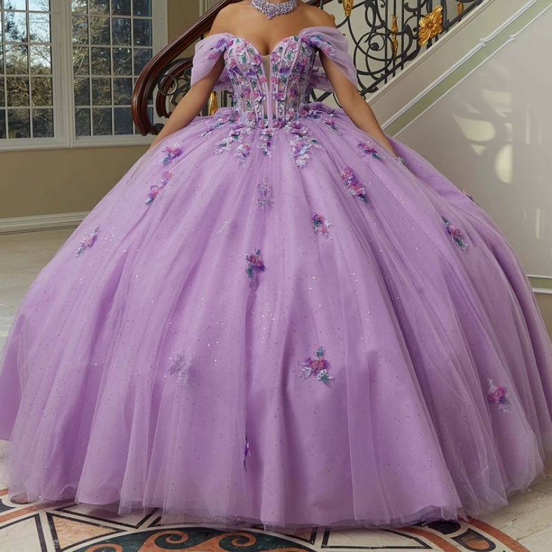 Lilac Shiny Mexican Quinceanera Dressess Off The Shoulder Applique Tull Lace Up Corset Sweet 16 Vestido 15 De Anos