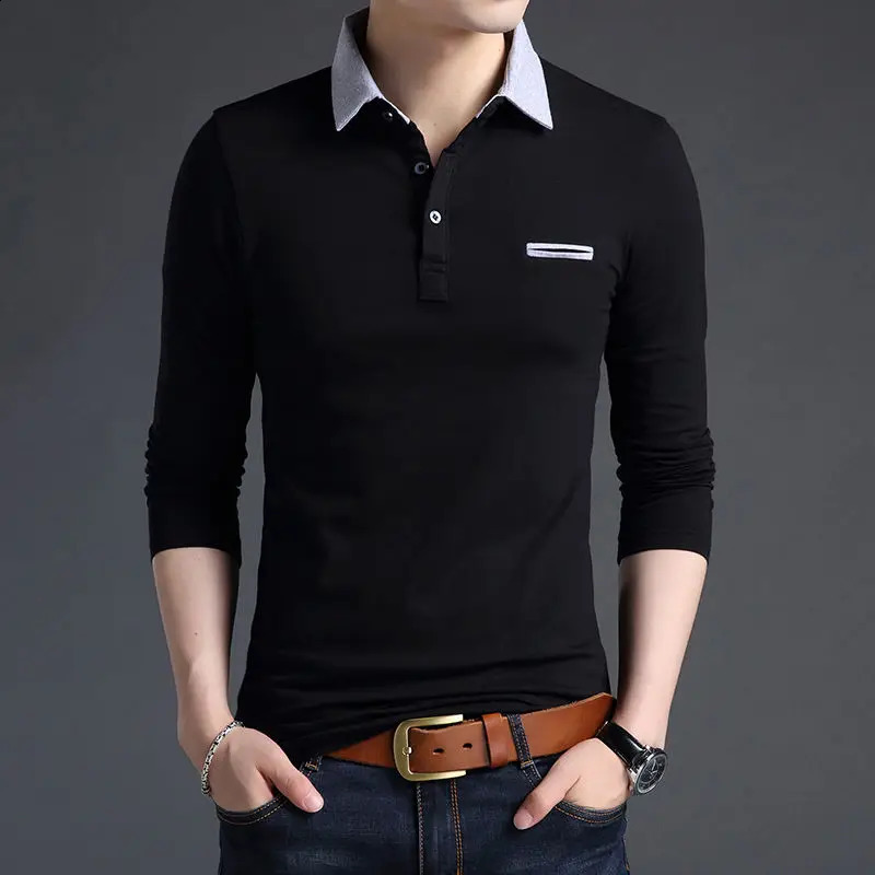 Spring Autumn Korean Business Casual Long Sleeve Polo Shirt Men Lapel Print Button Patchwork Screw Thread Loose Cotton Top 240824
