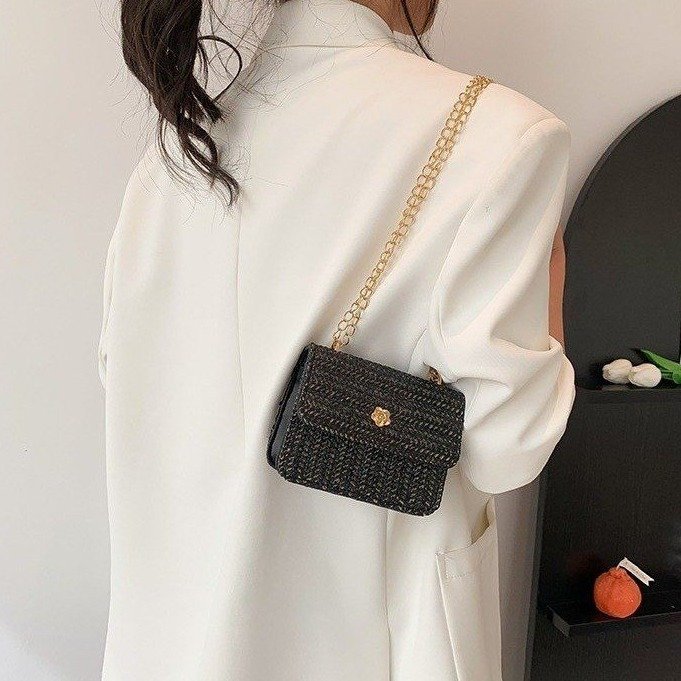 Straw woven bag woven bag lid type sewing thread shoulder bag chain small square bag