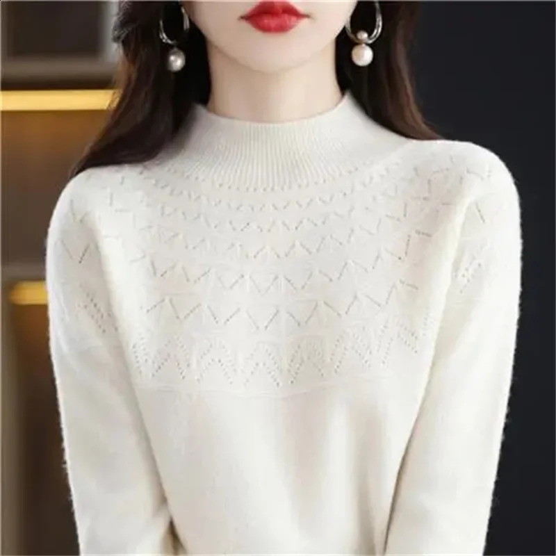 Cashmere Sweater Autumn Winter 100% Pure Wool Womens Bottoming Shirts Knitted Pullover Hollowed-out Knitwear Soft Jumpers 240824