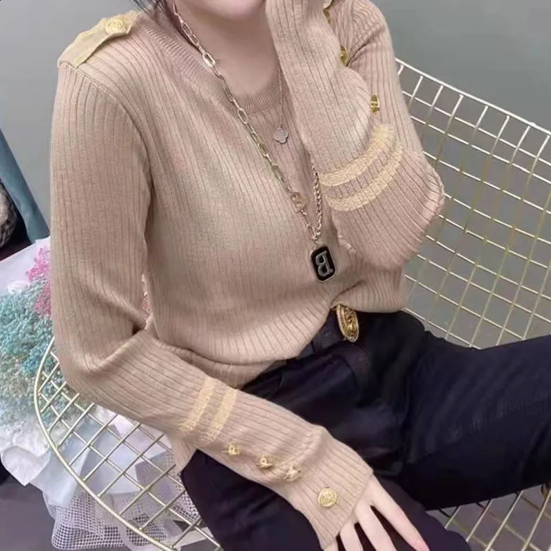 Autumn Winter Korean Commute Solid Color Knitted Tops for Female Fashion All-match Button Spliced Sweaters Womens Clothing 240824
