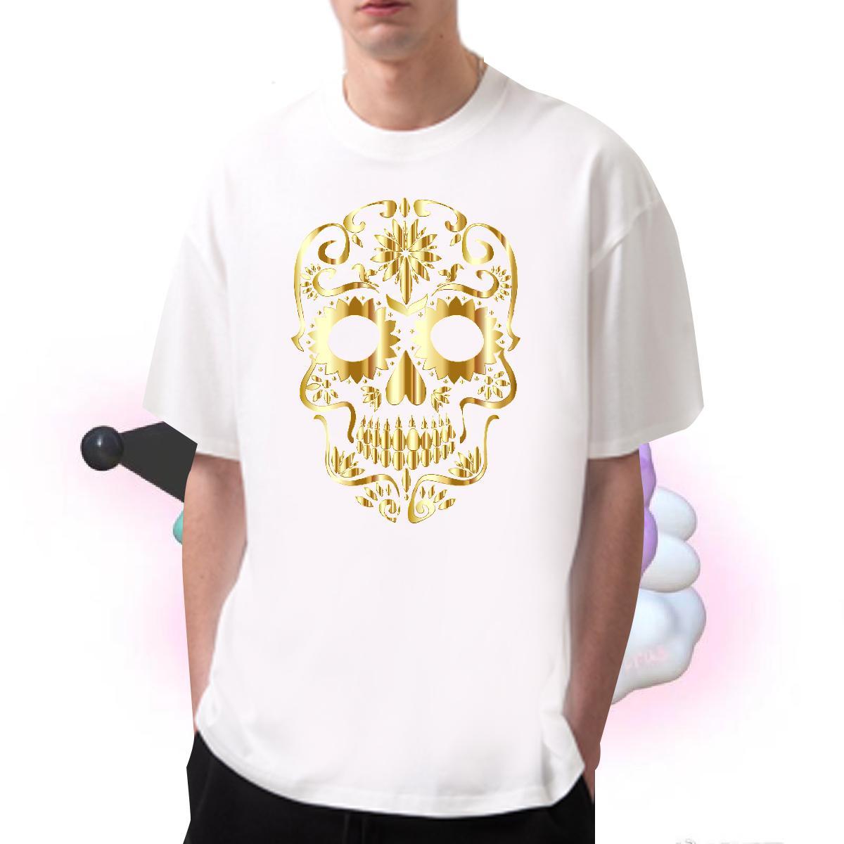 Cool T shirt 230g Pure Cotton skull Casual DIY Printed O Neck Short Sleeves Men Tees Stylist Top Tees