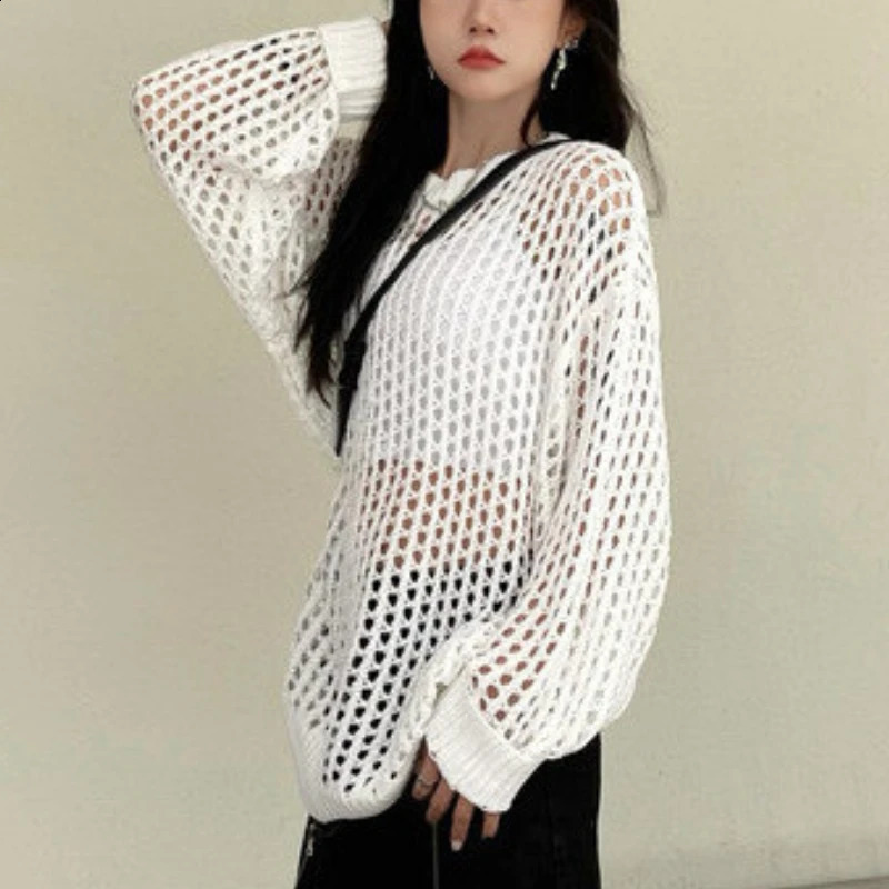 Hollow Out Pullovers Women Summer Long Style Baggy Clothing Knitting Casual Holiday Female Aesthetic Tender Minority Drape Ins 240824