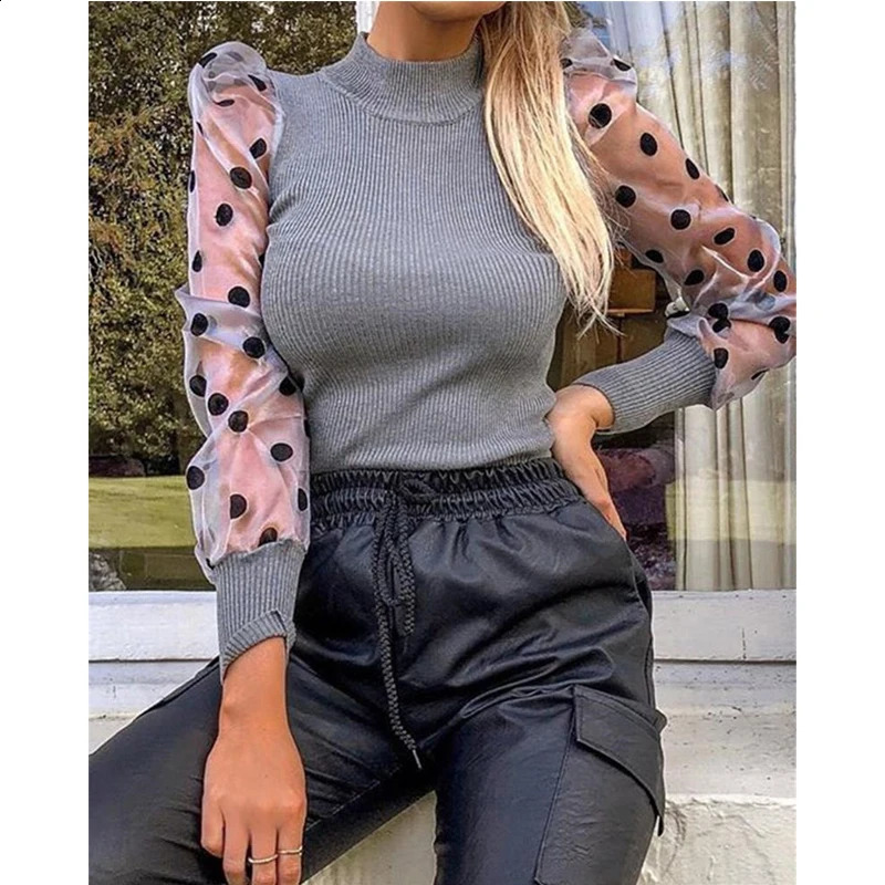 Meihuida Autumn Winter Women Polka Dot Knitted Sheer See-through Translucent Long Puff Sleeve Sweater Blouse Shirts 240824