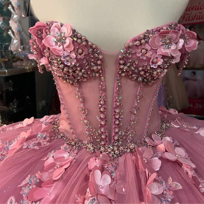 Pink Illusion Pearls Beading Quinceanera Dresses Ball Gown 3D wers Appliques Lace Sweet 16 Birthday Party Vestido De 15 Anos