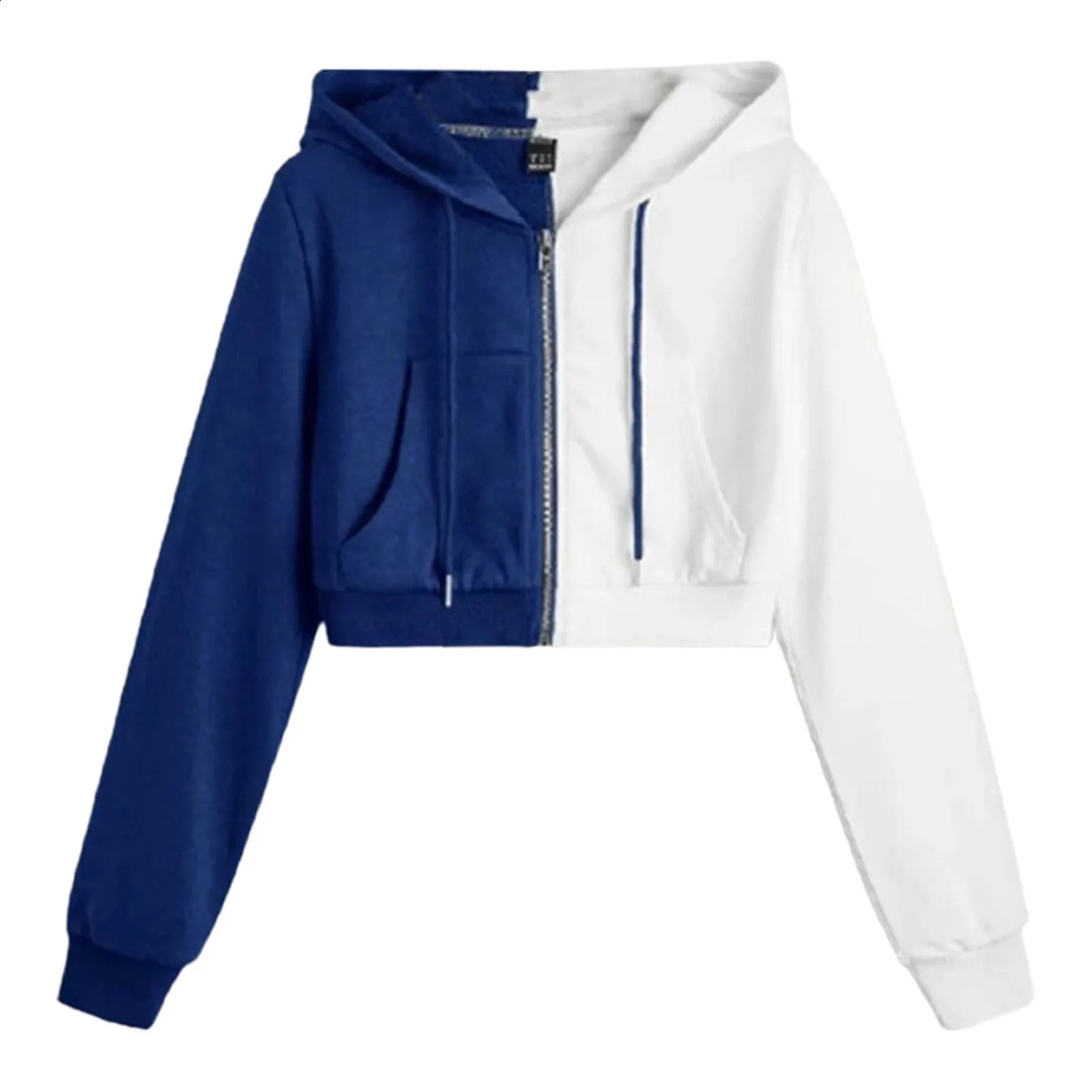 Korean Fashion Long Sleeve Streetwear Color Block Casual Zip Up Cropped Hoodies Sport Style Sweatshirt For Women 240824