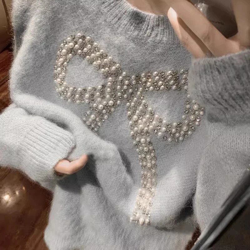 Streetwear Bow Beading Sweater Women Sweet Oversized Knitted Pullovers Vintage Loose Knitwear Winter Korean Casual Jumper Tops 240824