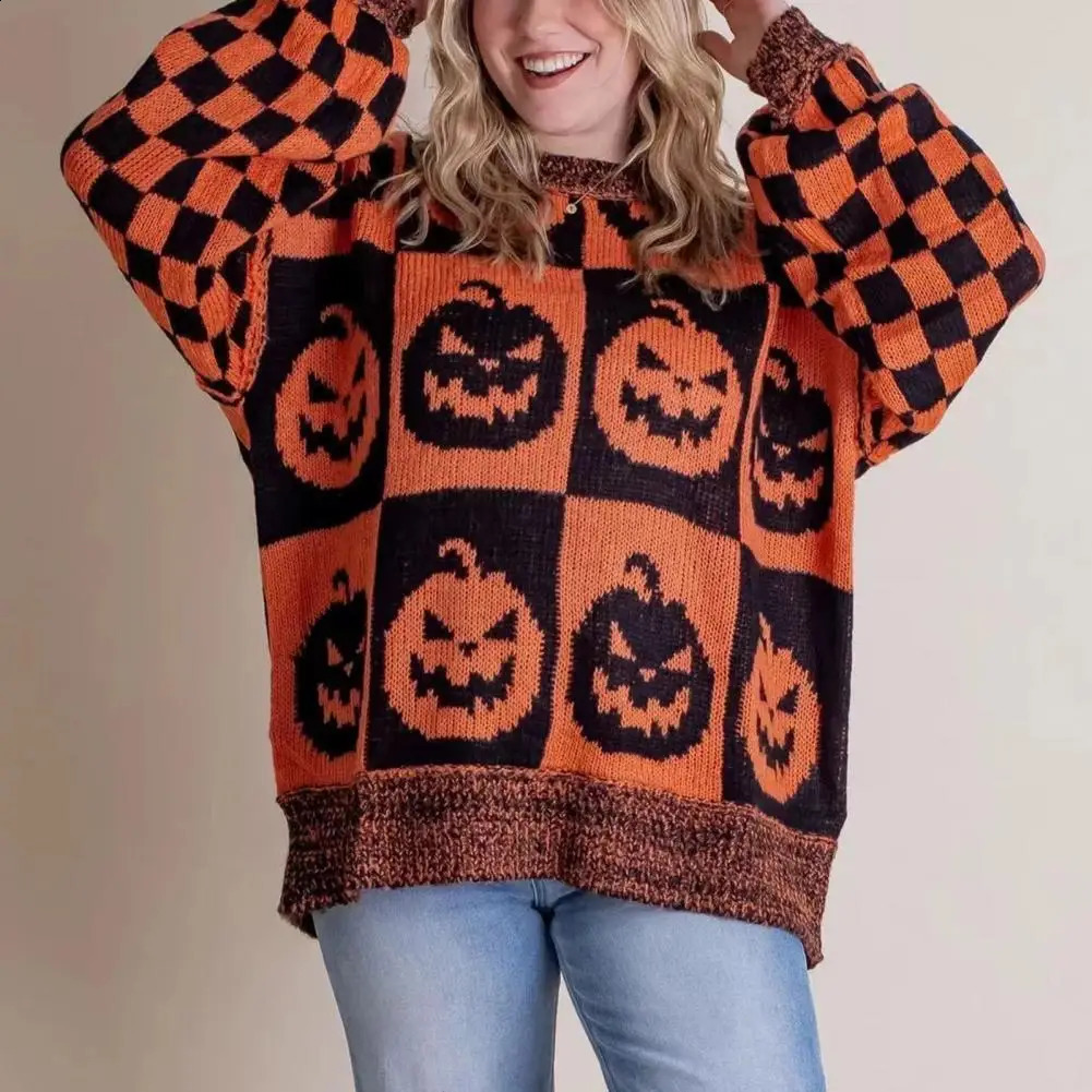 Halloween Spooky Sweater Plaid Pumpkin Ghost Pattern Knitting Tops Crew Neck Long Sleeve Pullover Knitwear 240824