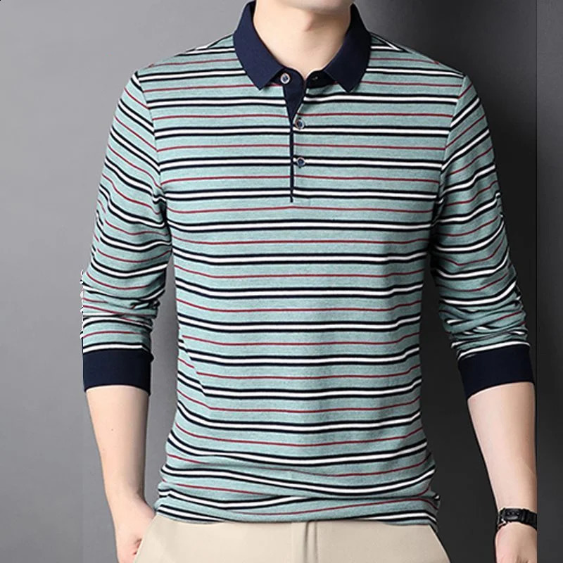 Streetwear Fashion Men Striped Polo Shirts Korean Spring Autumn Long Sleeve Basic Male Clothes Loose Business Casual Tops 240824