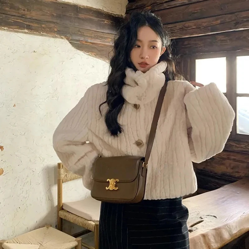 Fashion Korean Warm Wool Coat Womens Harajuku Stand Collar Long Sleeve Lambswool Jacket Winter Solid Short Fur 240824