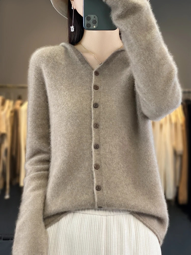 Addonee Spring Autumn Women 100% Merino Wool Hooded Sweater Cashmere Cardigan Hoodies Knittwear Basic Quality Clothing Tops 240824