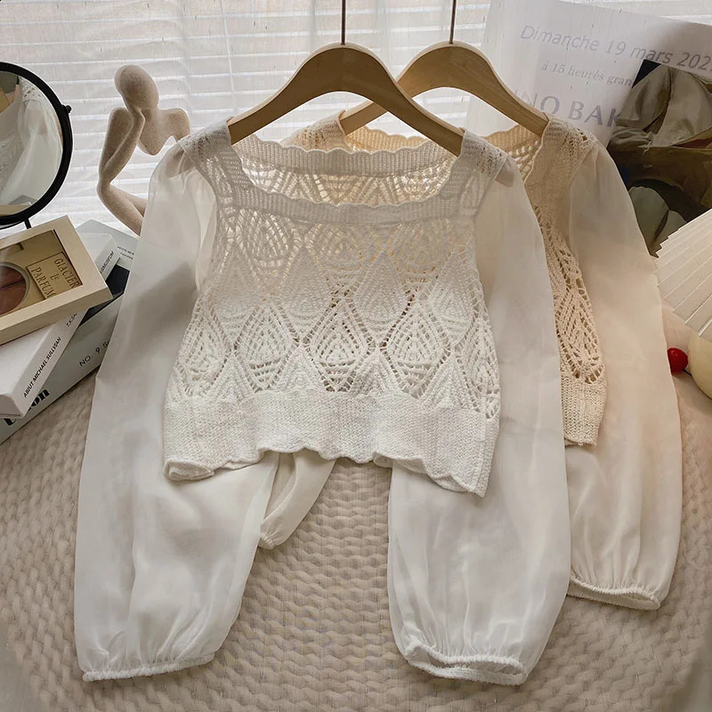 OUMEA Women Cotton Crochet Blouse With Long Chiffon Puff Sleeve Casual Tops Square Neckline Knit Shirts Korean Style Tops 240824
