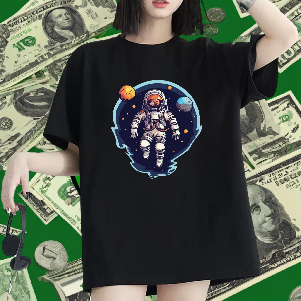 Loose fit Couples T Shirts 230g Cotton cosmonaut Casual Sport T-Shirts Breathable Cartoon Floral Printing Top Shirts