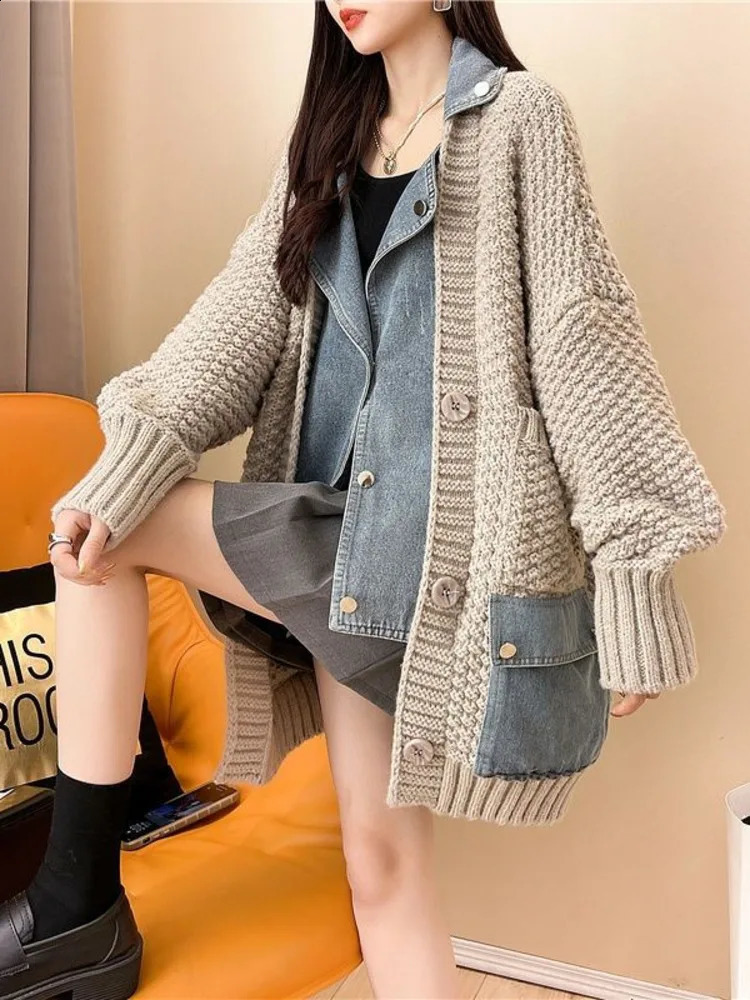 2023 Autumn Winter Arrivals Denim Stitched Sweater Coat Womens Loose Thickened Knitted Cardigan Top Women 240824