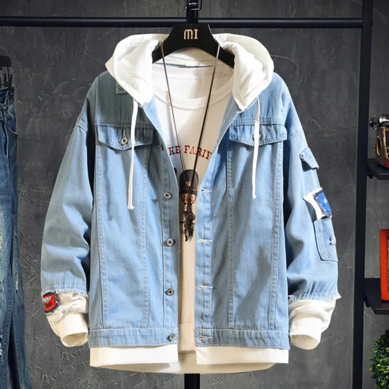Mens hooded denim jacket hiphop retro streetwear casual bomber mens jeans 240824