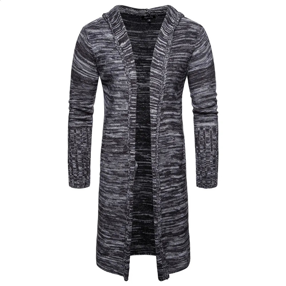 Autumn winter men fashion knitted long cardigan hooded sweater male casual hip hop jumpers long cardigan sueter hombre 240824