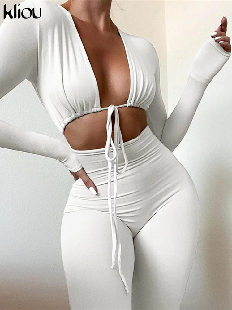 Kliou Solid Jumpsuit Drawstring Cleavage Waist Out Overall Sexy BodyShaping Hipster Midnight Club Female Clothing 240823