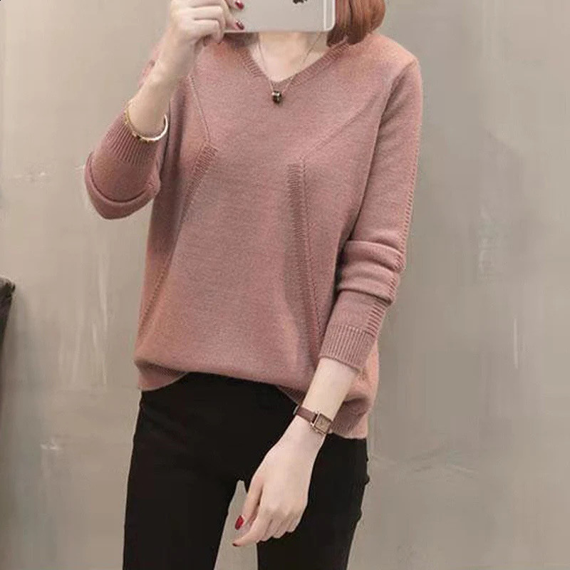 Autumn Winter Casual V-neck Solid Button Basic Knitted Sweater Women Korean Style Long Sleeve Loose Pullover Top Female Clothing 240824