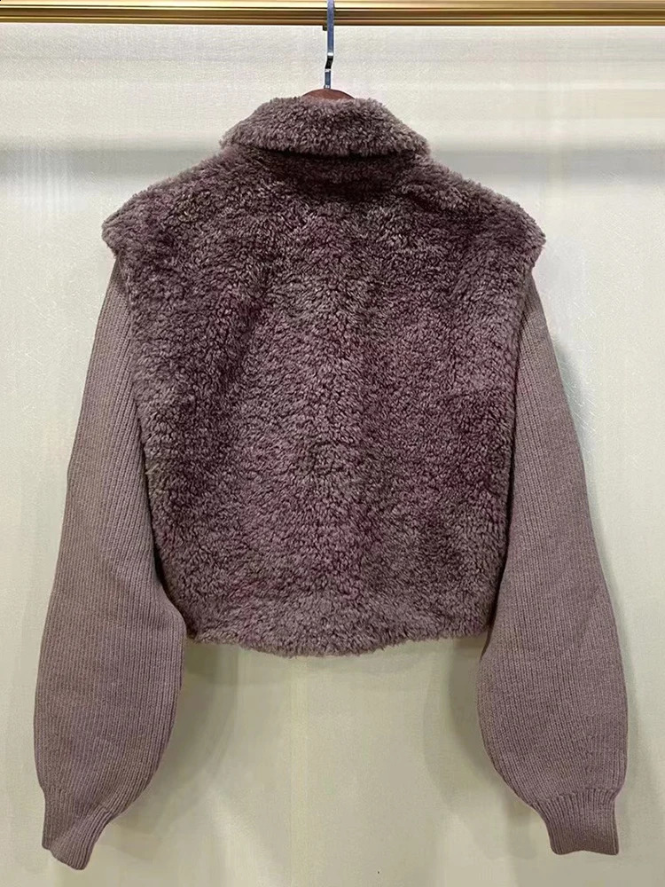 IOO Winter Thick Warm Wool Womens Coat Knitted Splicing Collar Pocket Artificial Fur Short Top 240824