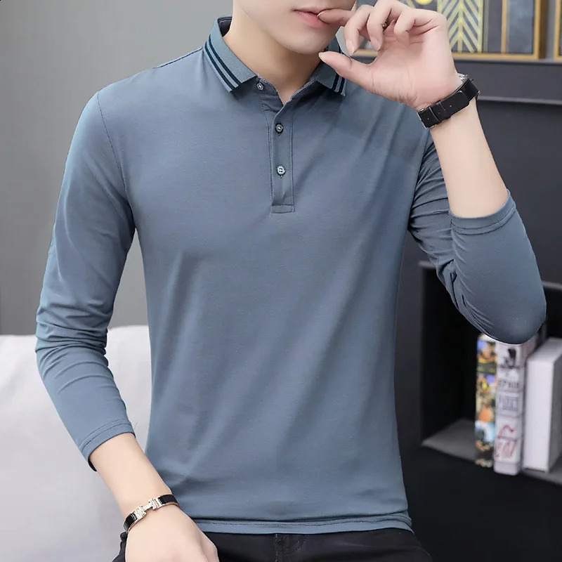 Spring and Autumn Long-sleeved Mens Polo Shirt Lapel T-shirt Korean Mens Collared Mens T-shirt Bottoming Shirt 240824
