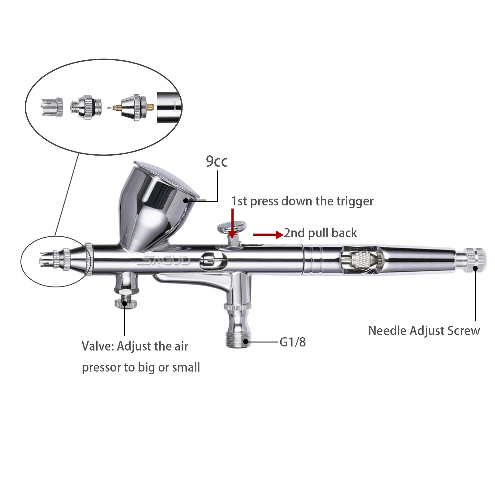 Spray gun set double acting professional air brush set with 2/5/13CC spray cup and wrench dropper tool used for cake tattoo painting 240823