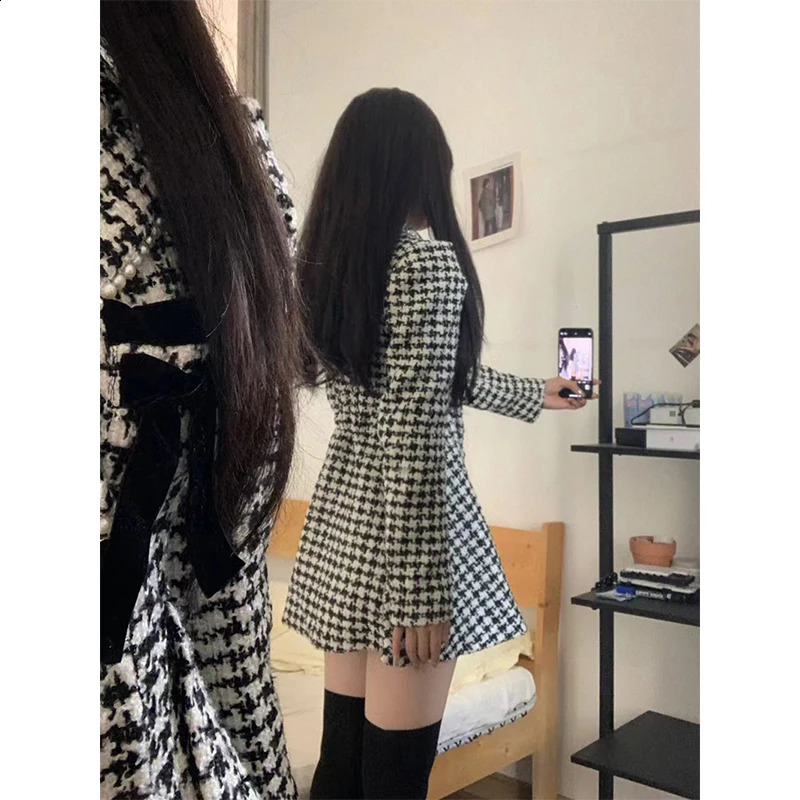 MEXZT Vintage Bow Mini Dress Women Elegant Party Houndstooth Tweed One Piece Dresses Winter Kawaii Korean Bodycon Vestidos 240824
