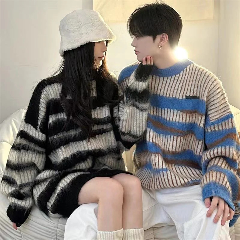 Rimcoy American Striped Couple Sweater Women Lazy Wind Round Neck Loose Sweaters Woman Y2K Long Sleeve Oversized Knitwear Female 240824