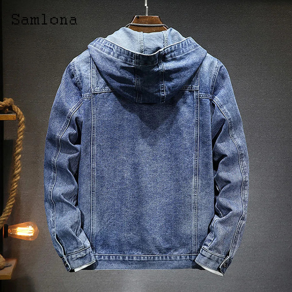 Plus Size 4xl 5xl Mens casual hooded denim jacket long sleeved multi pocket retro basic 240824