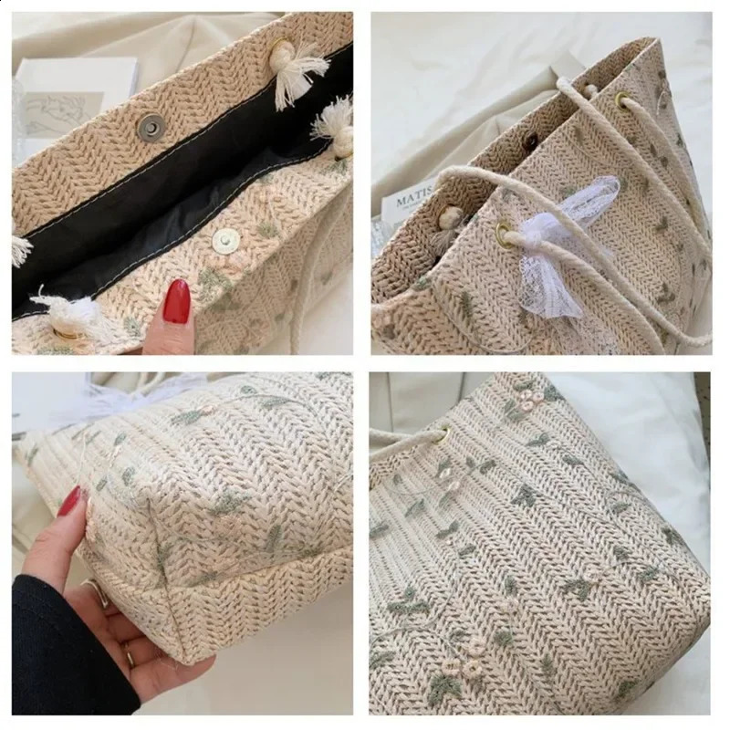 Fashion Woven Handbag Women Straw AllMatch Female Tote Bag 2023 Portable Bucket Handbags Summer Picnic Bags 240824Z