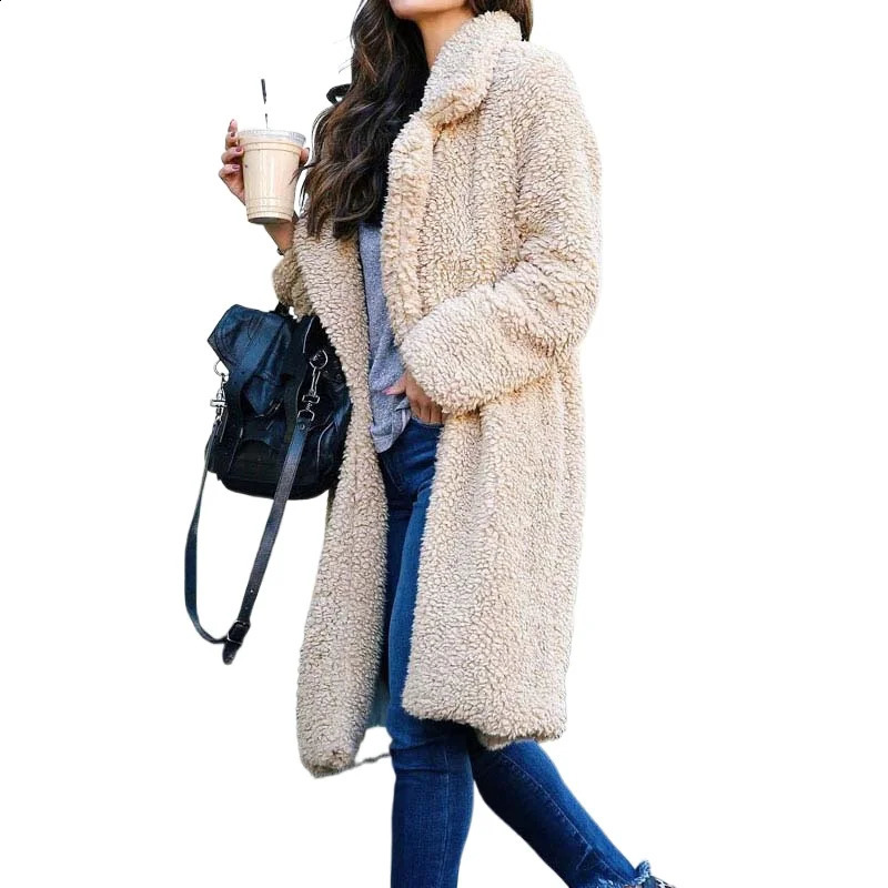 Autumn and Winter Long Teddy Coat Womens Artificial Fur Thick Warm Jacket Plush Fluffy 240824