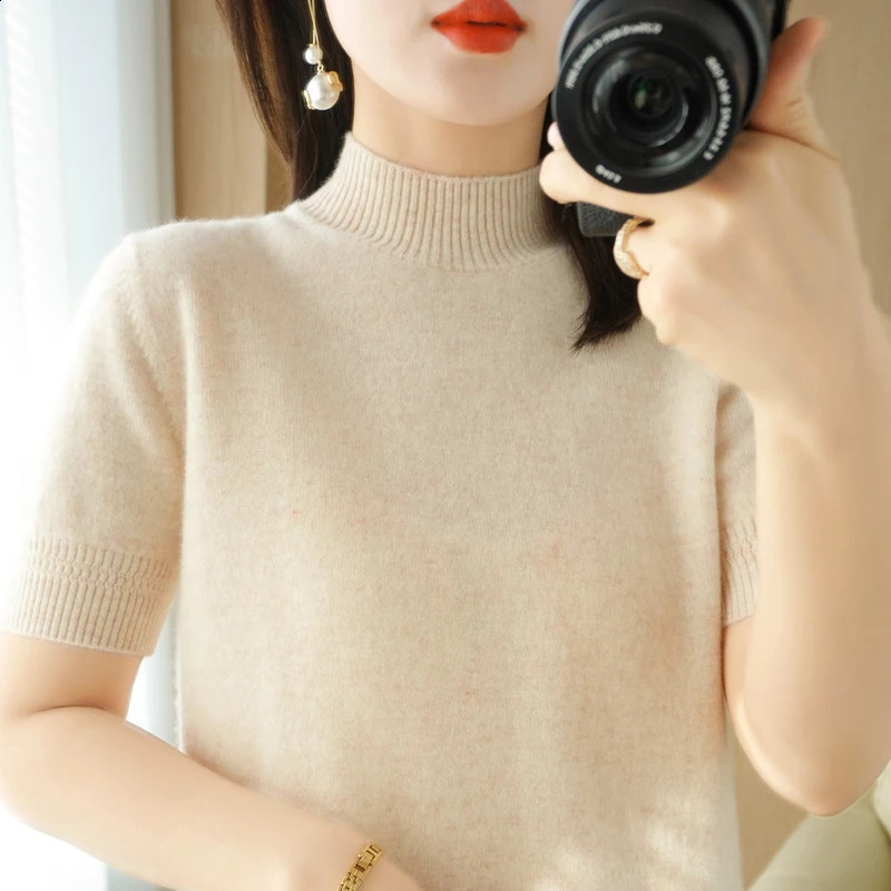 Spring Autumn Women Sweater Casual Warm Bottoming Shirts Mock Neck Basic Knitwear Short Sleeve Pullovers Korean Fashion Jumper 240824