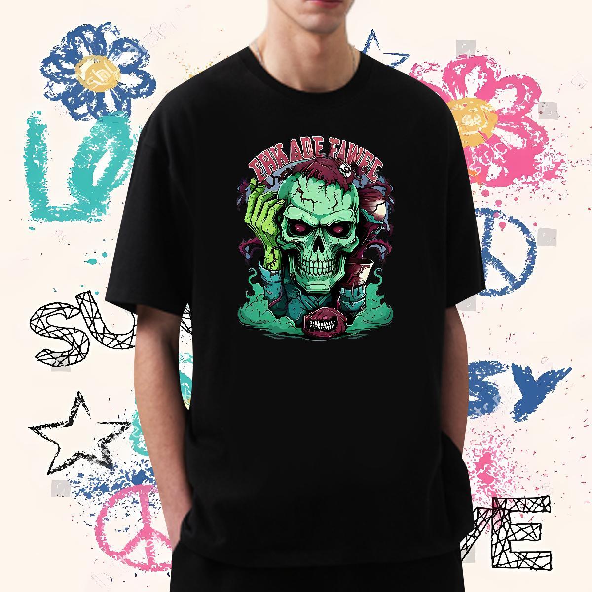 Popular T shirt 100% Cotton 230g skull Street Casual Black Oversized Short Sleeve O-Neck Mens Tshirts Fashion Design Tops Shirt