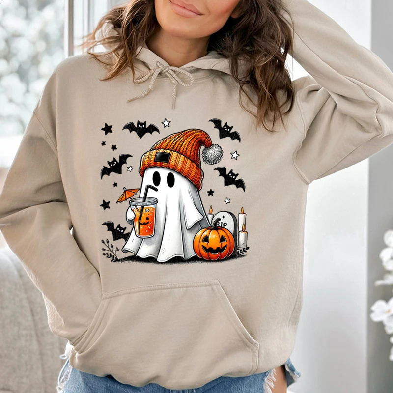 Halloween Ghost Pumpkin Bat Hoodies For Women Fashion Hooded Pullover Teens Casual Long Sleeves Halloween Sweatshirts 240824