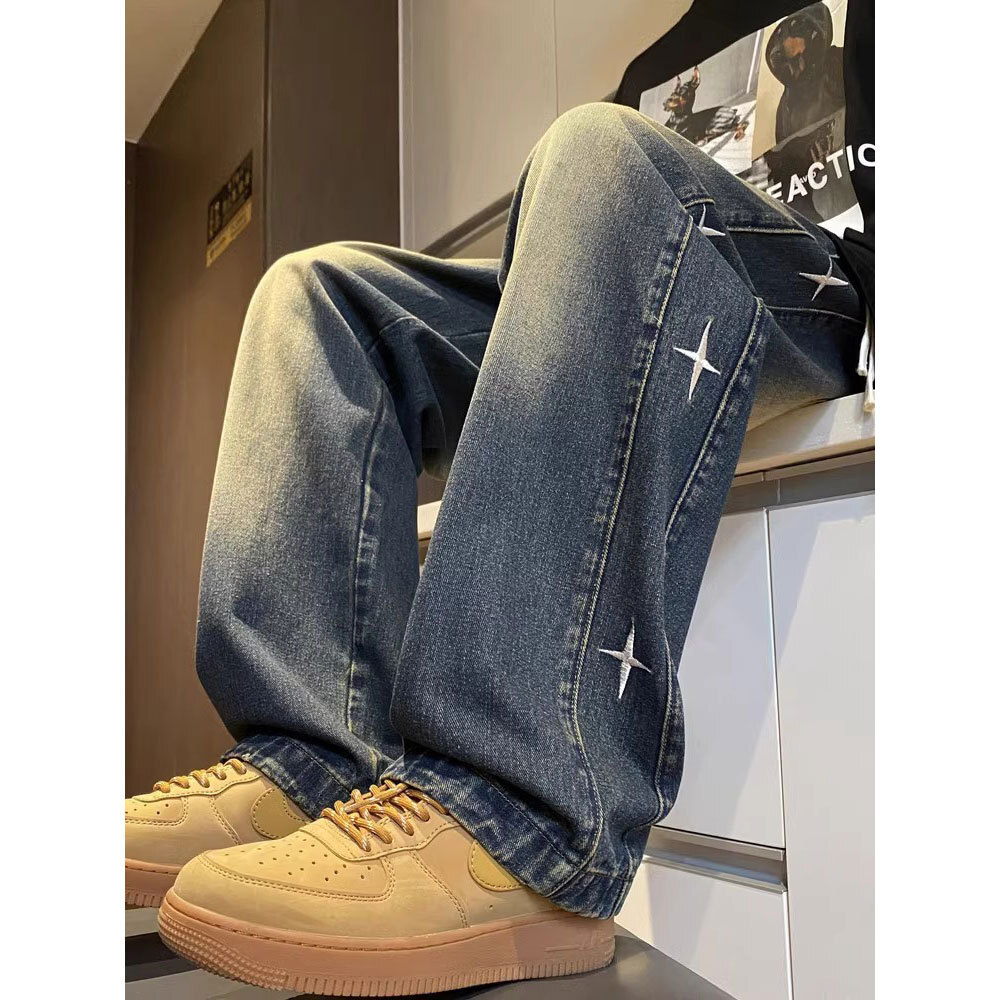 American Hip Hop Star Embroidered Jeans Mens Spring and Autumn New Loose Straight Leg Pants Trendy Brand