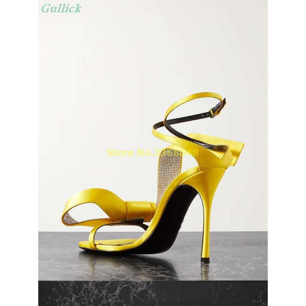Crystal-Embellished Satin Yellow Rosy Red Thin Heel Ankle Cross Strap Crystal Women Summer Sandals High Heels