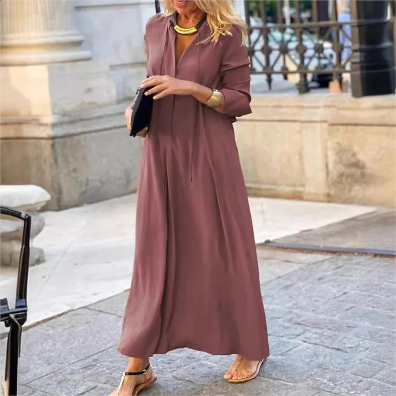 Womens Dress With Solid Color Lapel Long Sleeved Simple Casual Tie V-neck Long Shirt Loose Fitting Womens Dress Y2k 240824