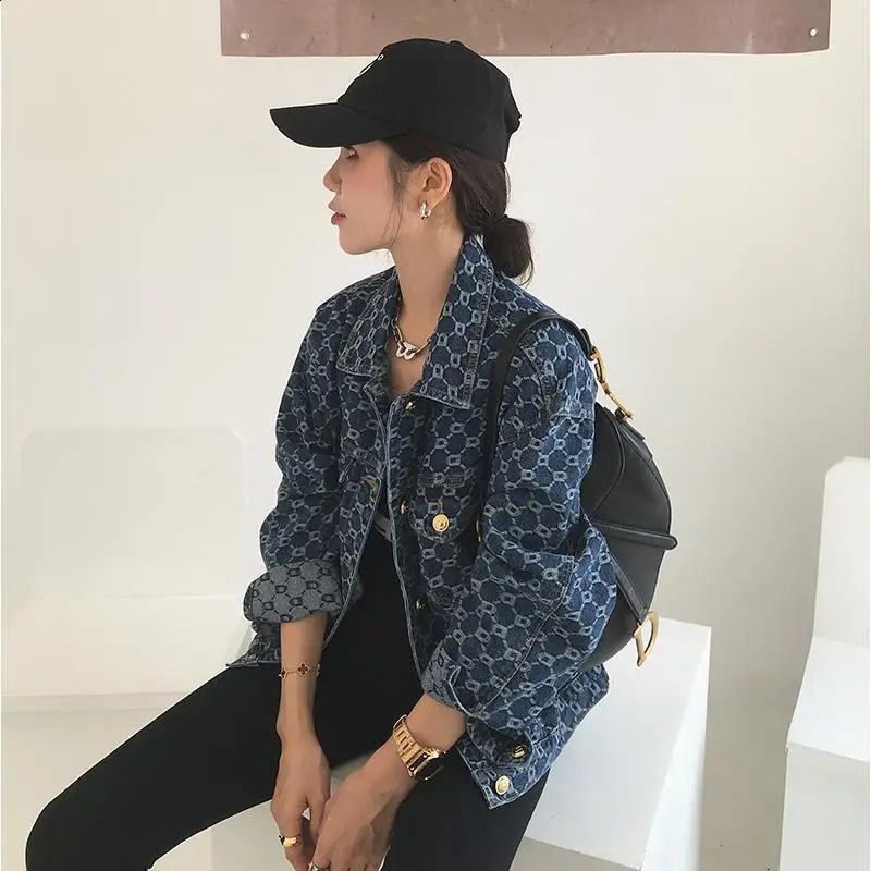 Women Vintage Loose Long Sleeve Print Cotton Jean Jackets Spring Fall Female Casual Blue Denim Jacket Coats Streetwear Outwear 240824
