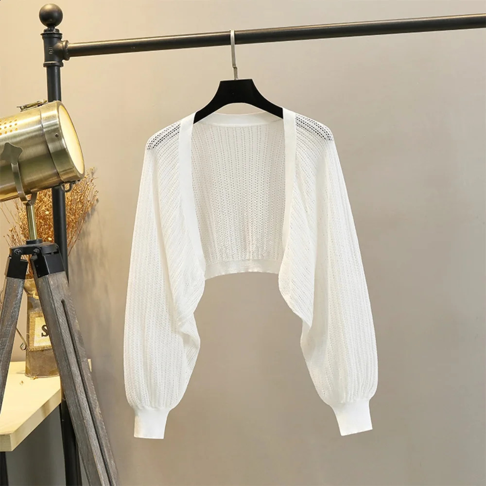 Long Sleeve Hollow Out Knitted Open Stitch Women Summer Thin Short Loose Shirt Sun Protection Cover up Solid Casual All-match 240824