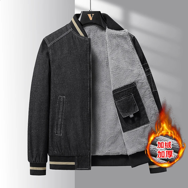 Mens Jean Coats wool baseball jacket black mens denim wide sleeves trimmed warm winter coat 240824
