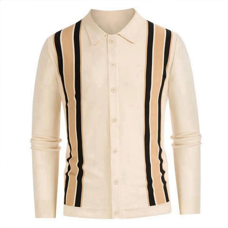 Autumn Mens Clothing Knit Polo Shirt Leisure Button-down Long Sleeve Retro Fashion Patchwork Knitwear M-3XL 240814
