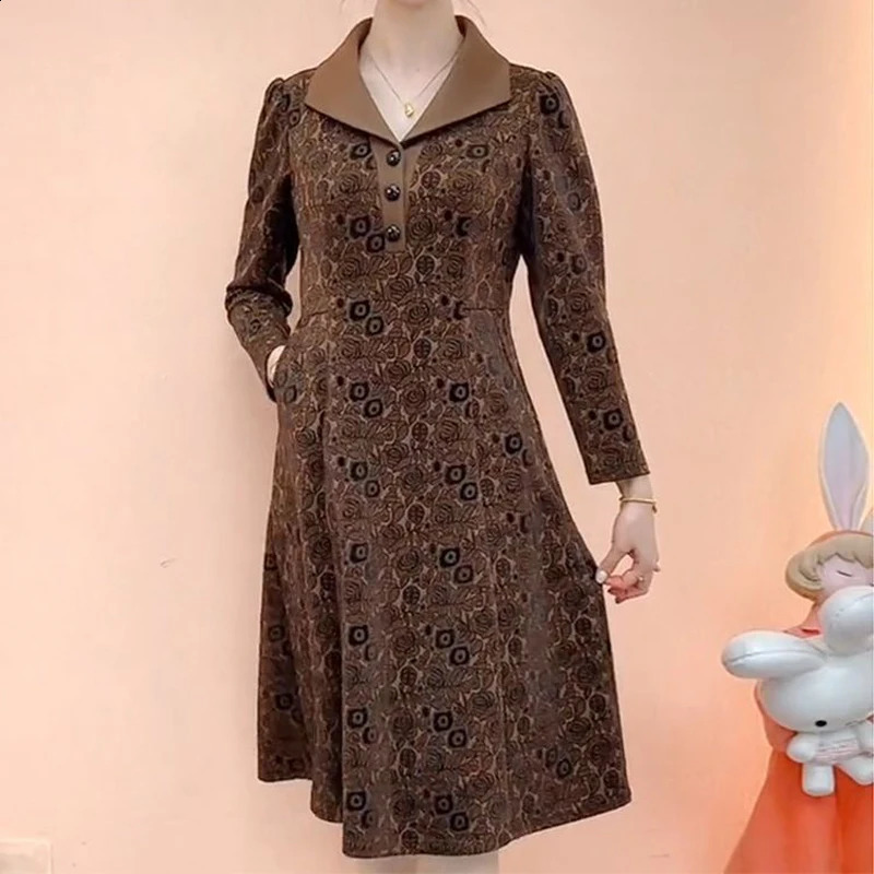 Middle-aged Elderly Women Clothing Autumn Winter Fashion Vintage Print Elegant Midi Dress Casual Pocket Long Sleeve Slim Dresses 240824