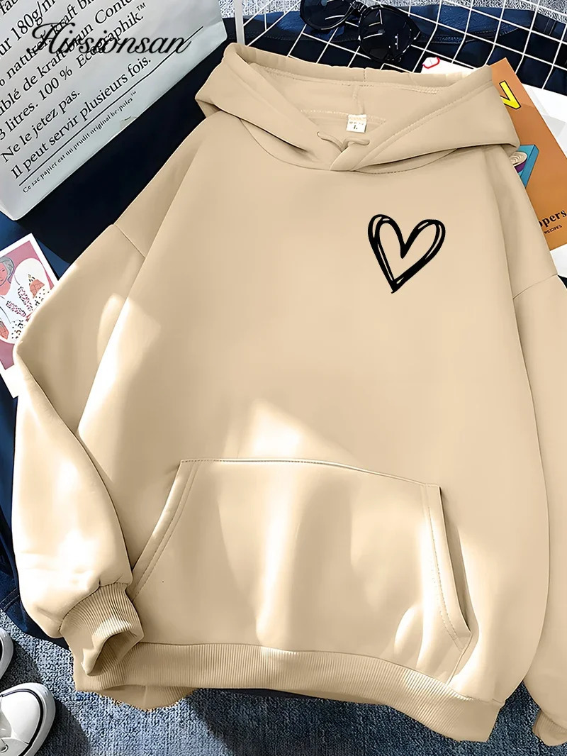 Hirsionsan Simplic Heart Print Women Sweatshirt Soft Casual Loose Vintage Female Hoodies Winter Warm Fleece Student Tops 240824
