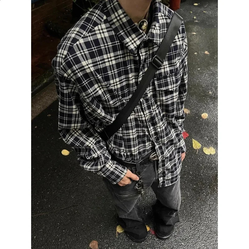 American Style Loose-fit Casual Plaid Shirt For Men Arrival Spring Autumn Fashion Trendy Black White Checkered Vest 240824