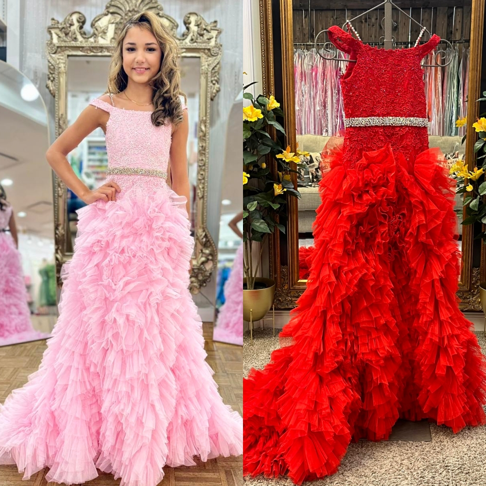 Ice Pink Girl Pageant Gown Off-Shoulder Ruffled Tiered A-Line Little Kid Birthday Formal Cocktail Party Dress Toddler Teens Young Junior Miss Gala Celebration Beads