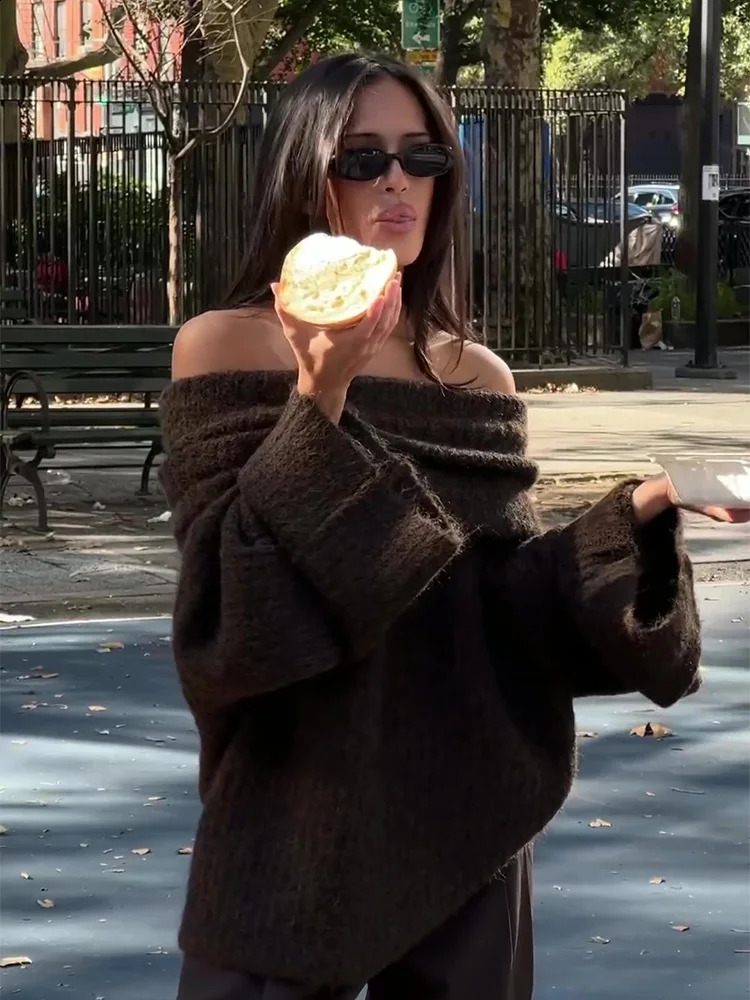 Women Fashion Sexy Solid Off Shoulder Sweater Elegant Chic Slash Neck Long Sleeve Jumper Autumn Ladies High Street Knitwear 240824