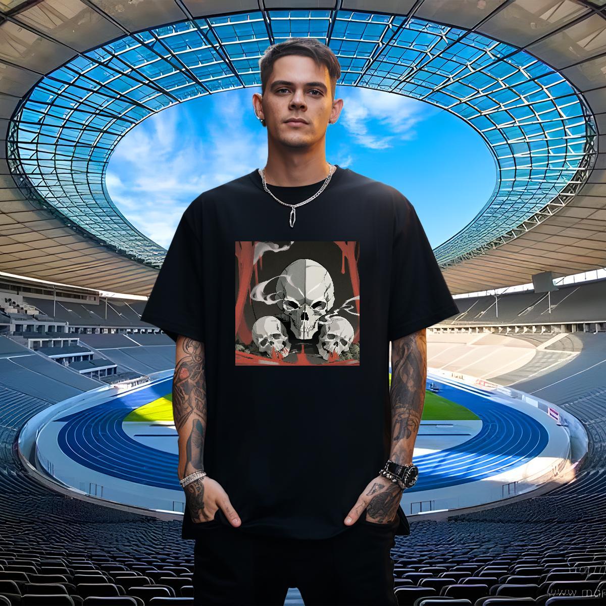 Cool Mens T Shirts 230g Pure Cotton skull Sport DIY Printed Round Neck Short Sleeve Tshirts Fashion Design Tops
