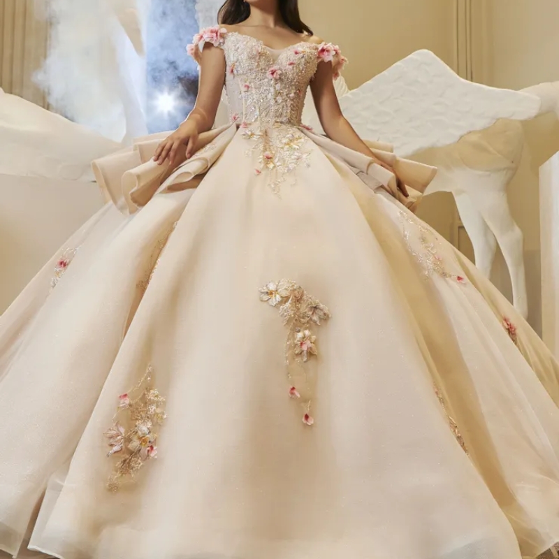 Champagne Princess Sparkly Quinceanera Dresses 2025 Luxury Applique Beads Crystal Tull Corset Lace-up vestidos de xv anos Sweet 16 Dress