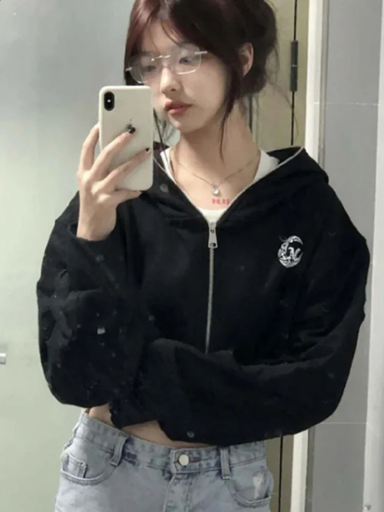 Streetwear Hoodies Women Harajuku Casual Hooded Zipper Jackets Crop Tops Ropa Mujer Casual Korean Fashion Y2k Sweatshirt 240824