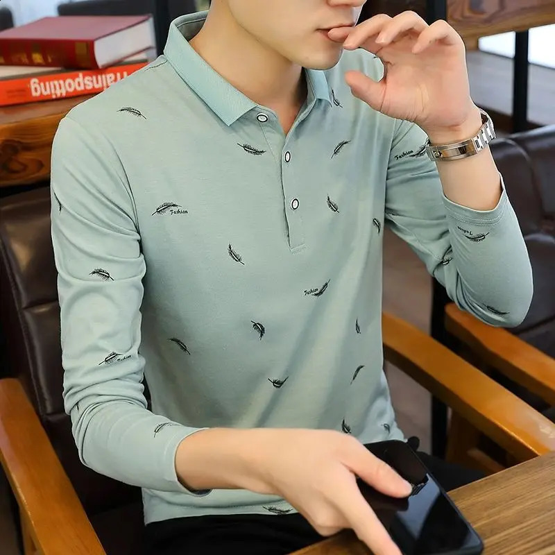Fashion Button Printed Loose Korean Polo Shirts Mens Clothing Autumn Casual Pullovers Long Sleeve All-match Tee Shirt 240824