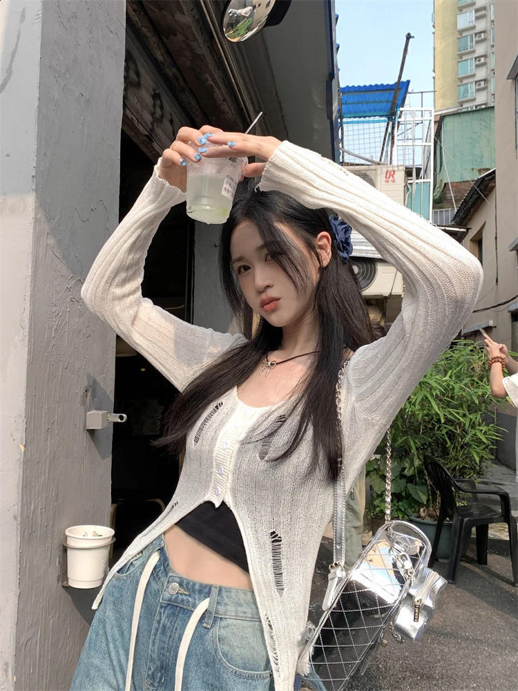 Thin Sexy Solid Knitted Top Women Summer Long Sleeve Crew Neck Cardigans Buttons n Hollow Out Korean Style Knitwear 240824